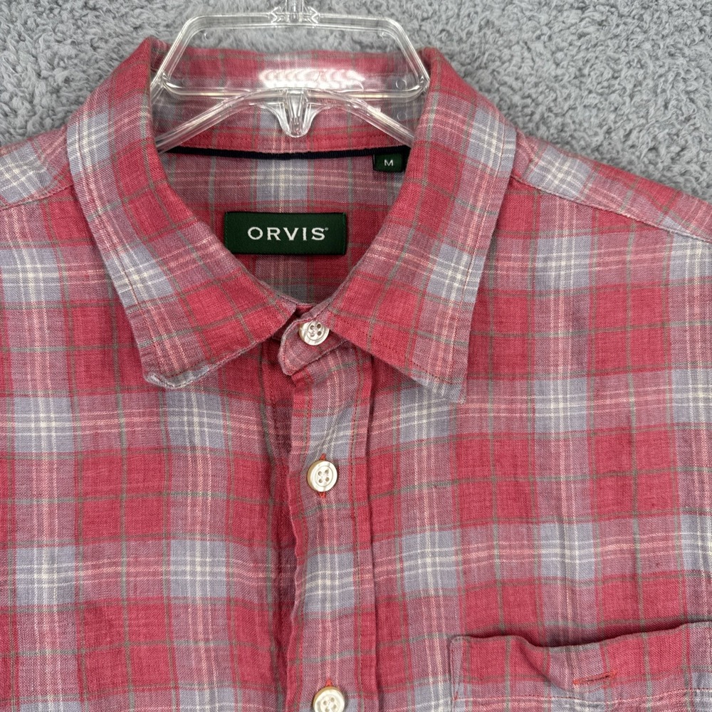 Orvis Shirt Mens Medium Red Gray Plaid 100% Linen Short Sleeve Button Up Casual